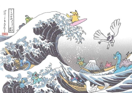 Pikachu and friends catching a great wave off Kanagawa 